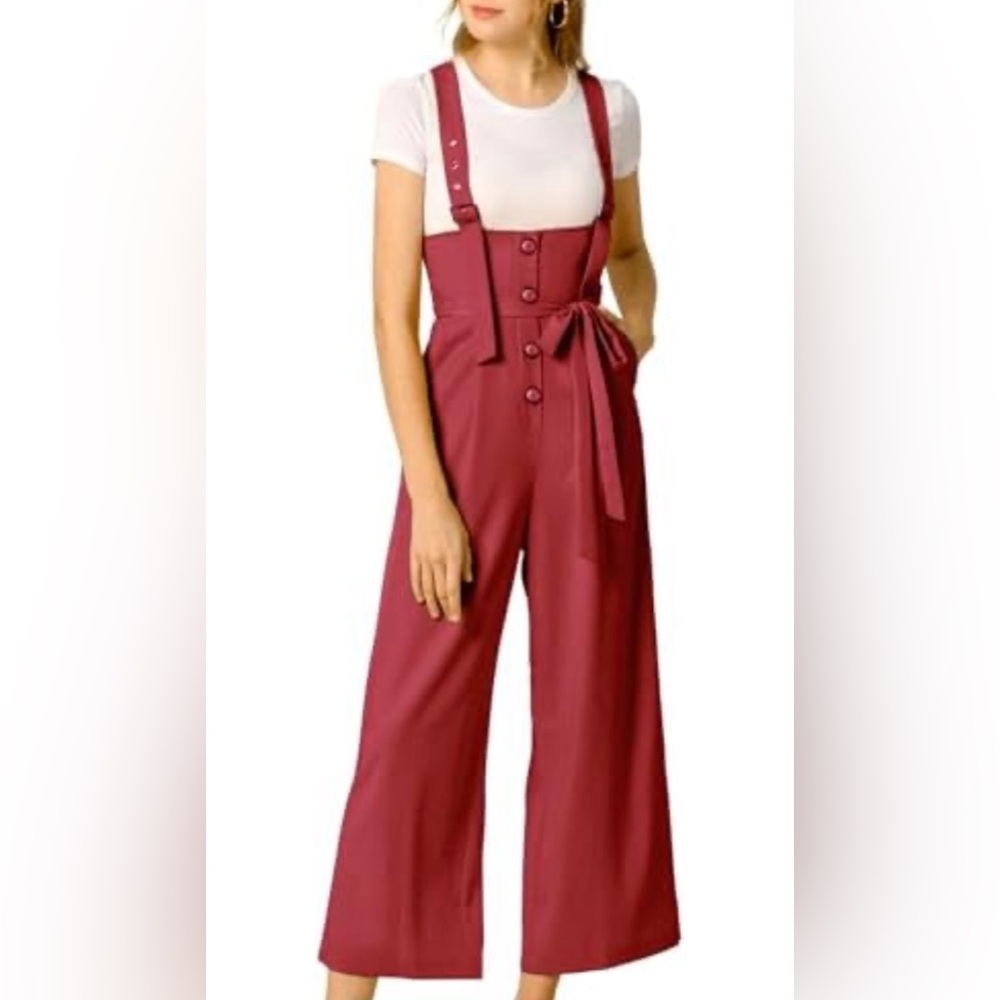 🆕 Allegra K Womens High Waist Wide Leg Jumpsuit Faux Button Overalls Dark Red~M